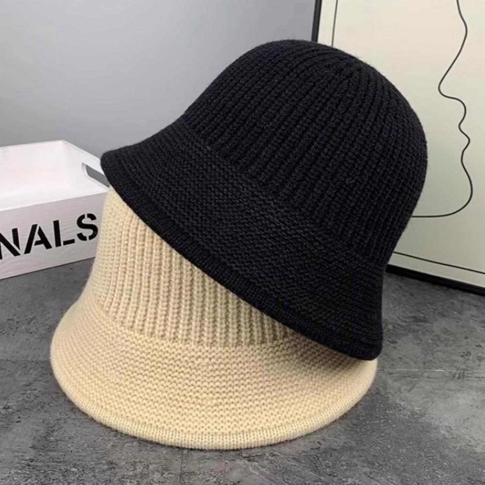 Knitted Fishing Cap Autumn Winter Fleece Round Top Hat Fashion Bucket Hat  Outdoor