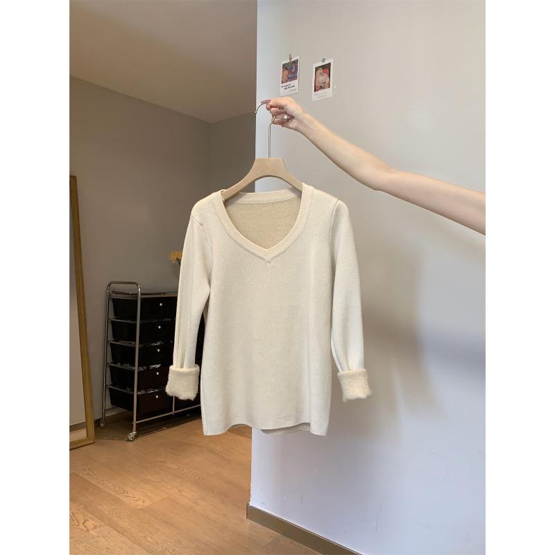Neck thickened sweater women's autumn and winter basic warm integrated fleece slim bottoming shirt with knitted top inside