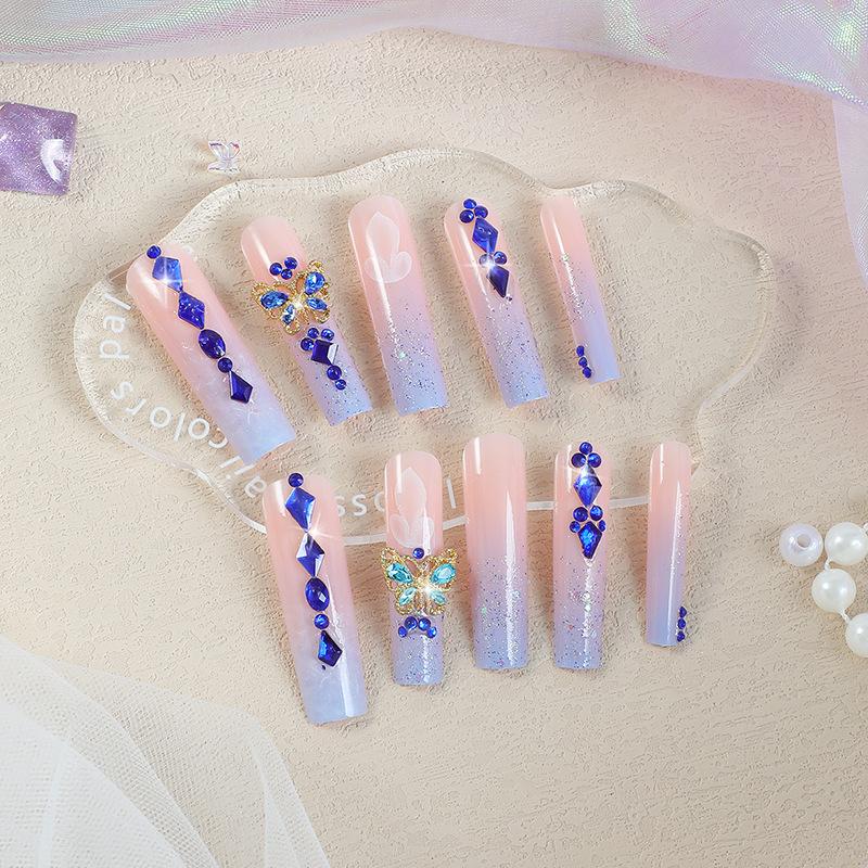 Custom Handmade Nail Art Stickers with Rhinestones ABS Material 24 Pcs/set Finger Application Artificial Nails Set