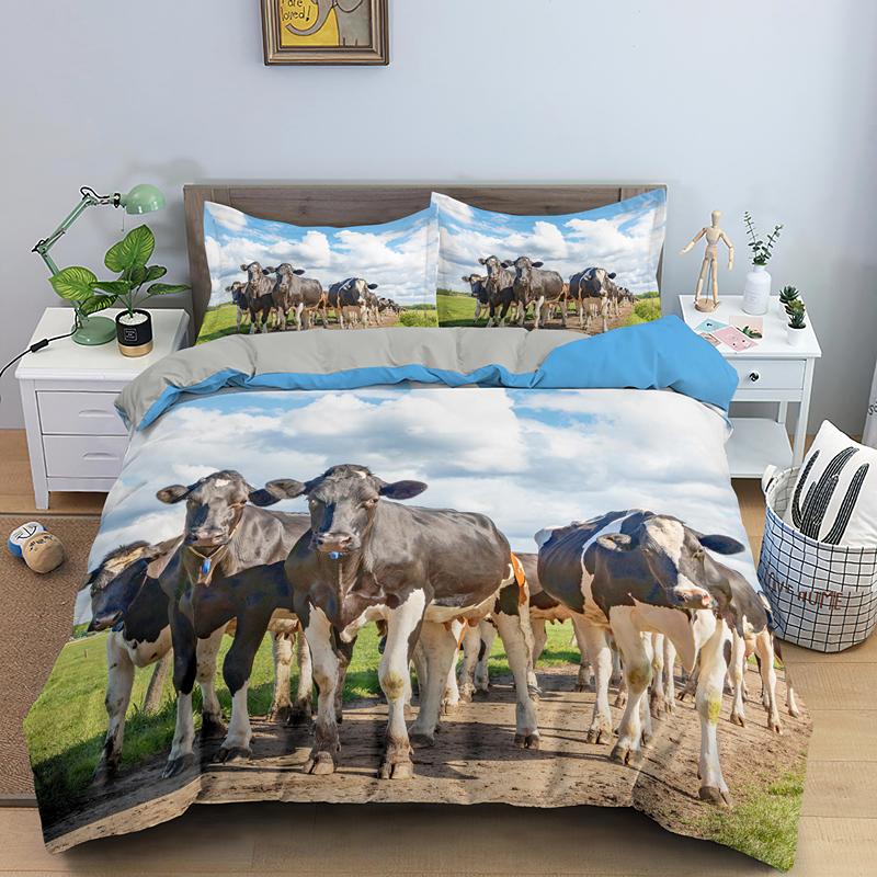 Cows Duvet Cover Set 3D Animals Black White Milk Cows King Queen Size Polyester Comforter Cover For Boys Girls Kids Bedding Set