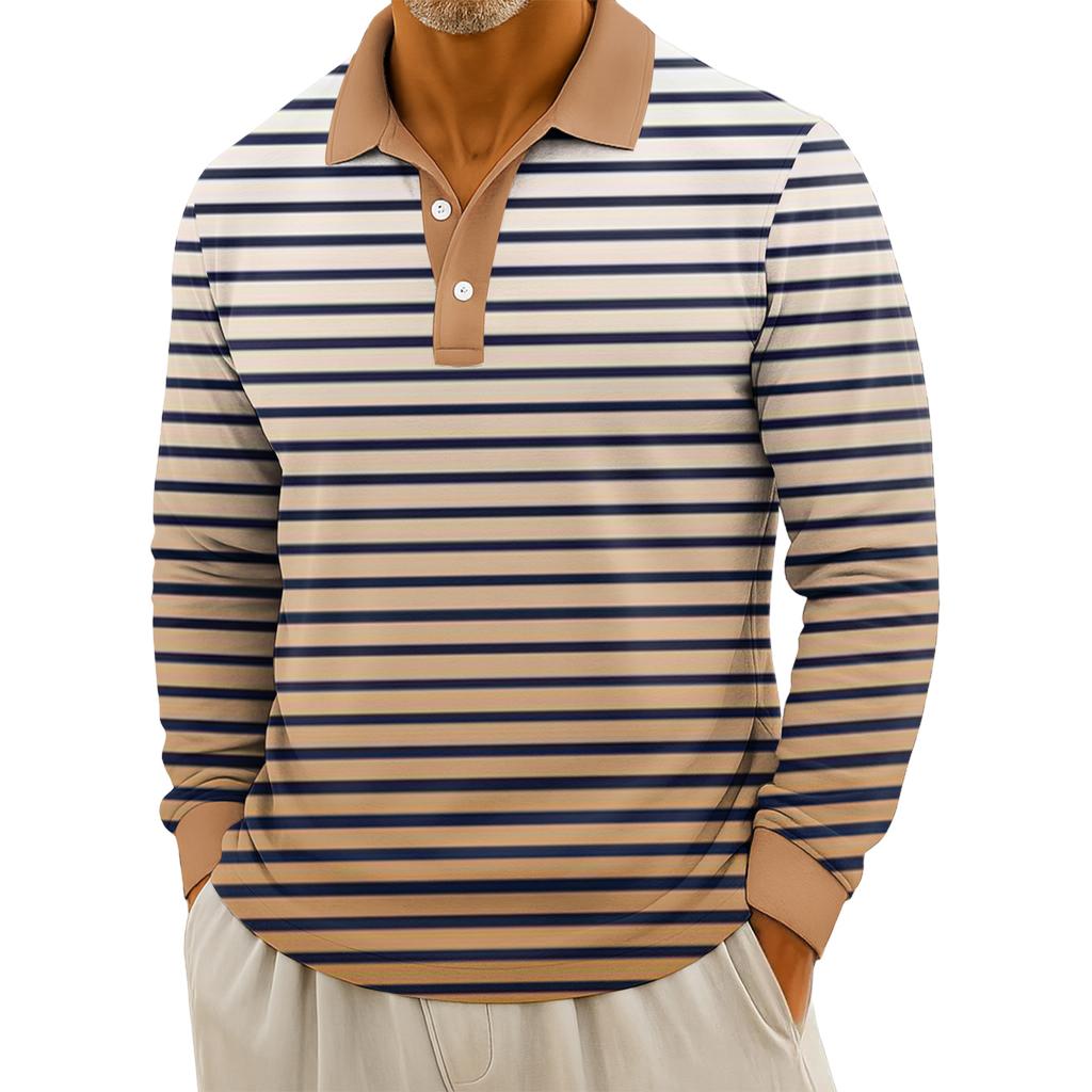 Men's Casual Striped Print Button-Up Long-Sleeve Tops