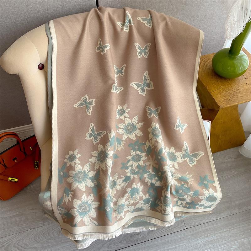 Elegant Celebrity Butterfly Flower Print Scarf Women's Thickened Warm Imitation Cashmere Scarf Double-sided Versatile Shawl