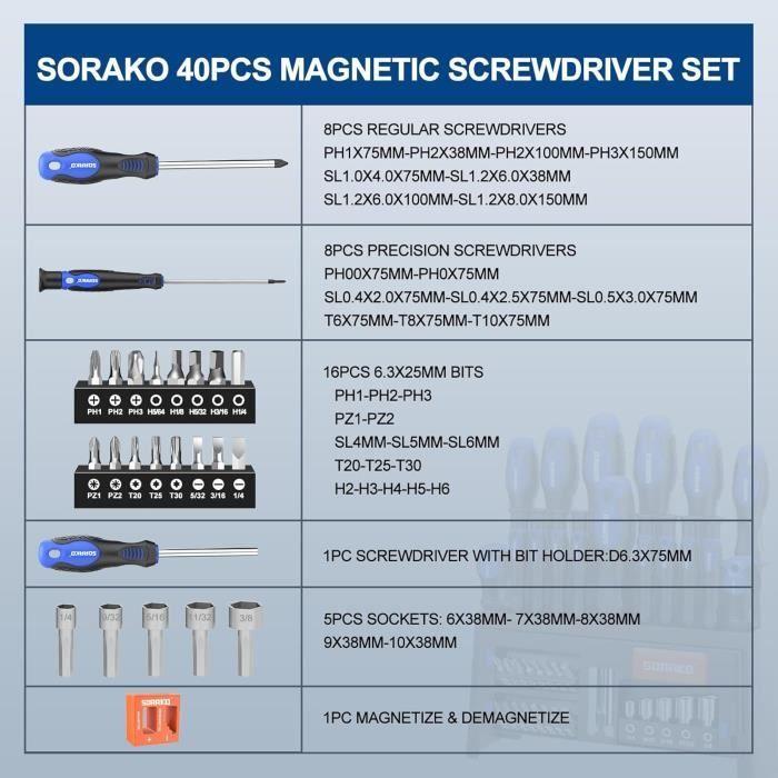 Ensemble de tournevis - sorako - 40 pièces - magnétiques - tête plate et phillips - antidérapant