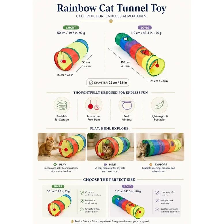Foldable Rainbow Cat Tunnel, Collapsible Play Tube with Peek Holes & Teaser Ball for Indoor Cats