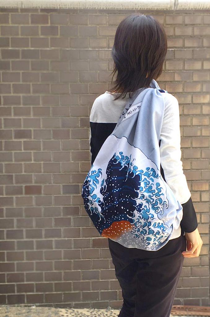 Sanyo Shoji Jiyufu Large Furoshiki Wrapping Cloth Hokusai Waves Approximately 118cm Wide Ukiyo-e 27-053060