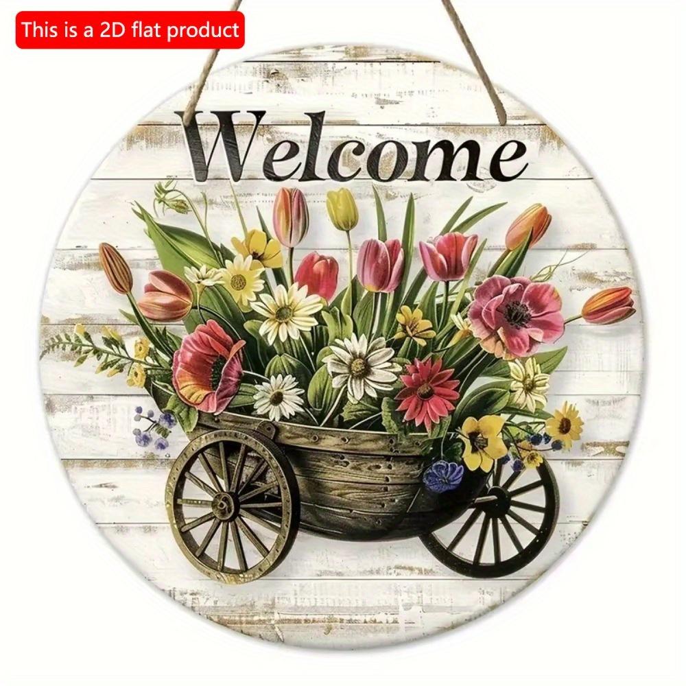 Vintage Welcome Flower Plant Sign, Round Wooden Wreath Sign for Home Room Farmhouse Porch Bar Cafe Wall Decor, Gift for Friends