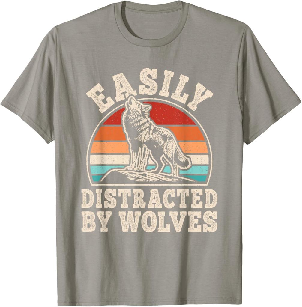 Easily Distracted By Wolves Retro Graphic T-Shirt Vintage Sunset Wolf Howling Print Casual Cotton Tee