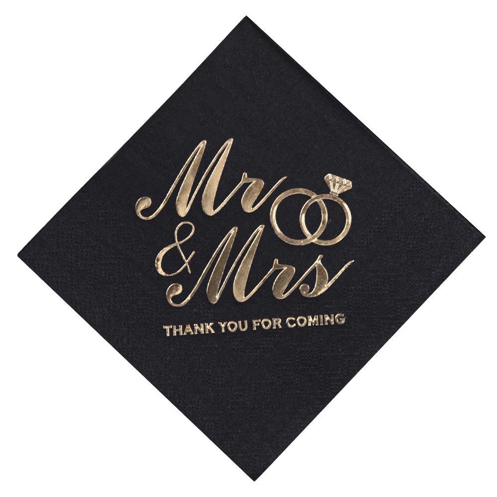 100pcs 3-Ply Mr Mrs Wedding Napkins Bronzing Printed Disposable Napkins for Wedding Anniversary