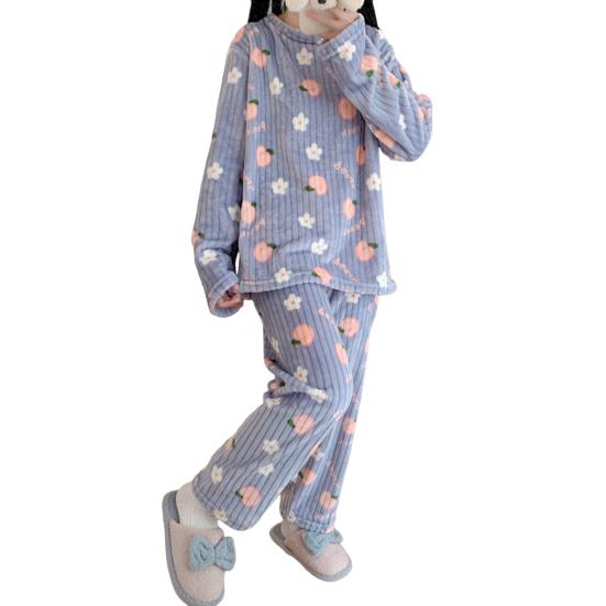 2 Pcs/Set Women Winter Pajamas Set Round Neck Cartoon Bear And Peach Pattern Long