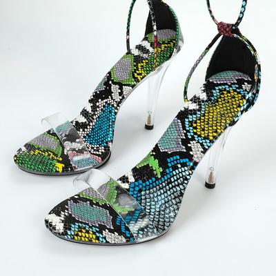 Женские летние пикантные универсальные красочные босоножки на высоком каблуке со змеиной кожей, сандалии серии D111, каблук 11 см, платформа 1 см, LFD