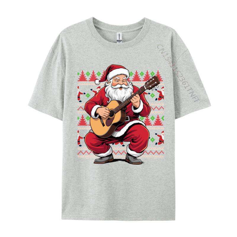 Santa Playing Guitar Funny Christmas Classic Guitar Santa T-Shirts Autumn 100% Cotton Top T-Shirts Student Tee Shirts