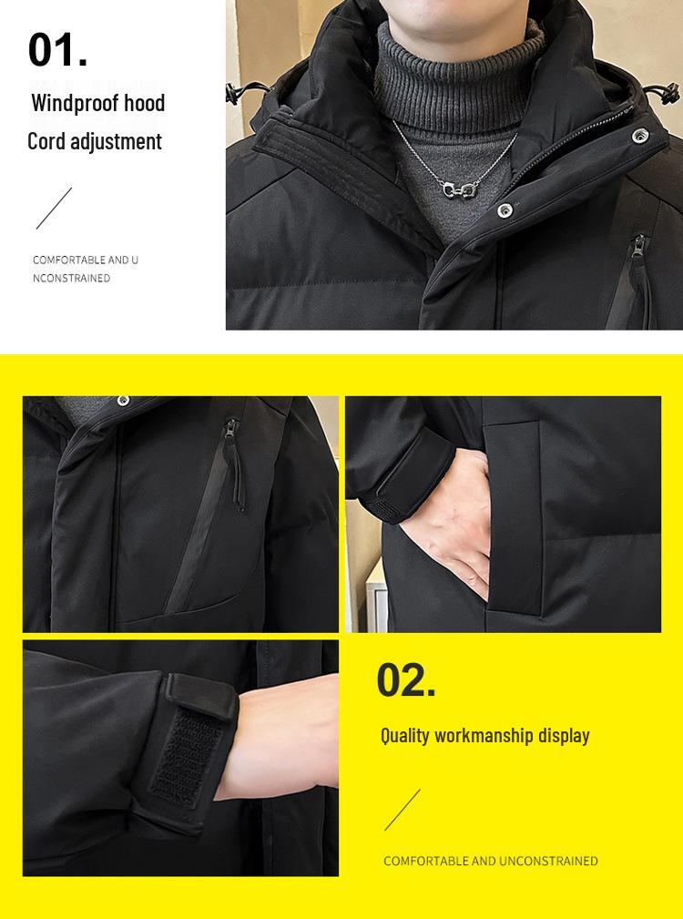 Men's Winter Trendy Mid-Length Hooded Cotton Jacket, Hong Kong Style, Korean Version, Plus Size Available