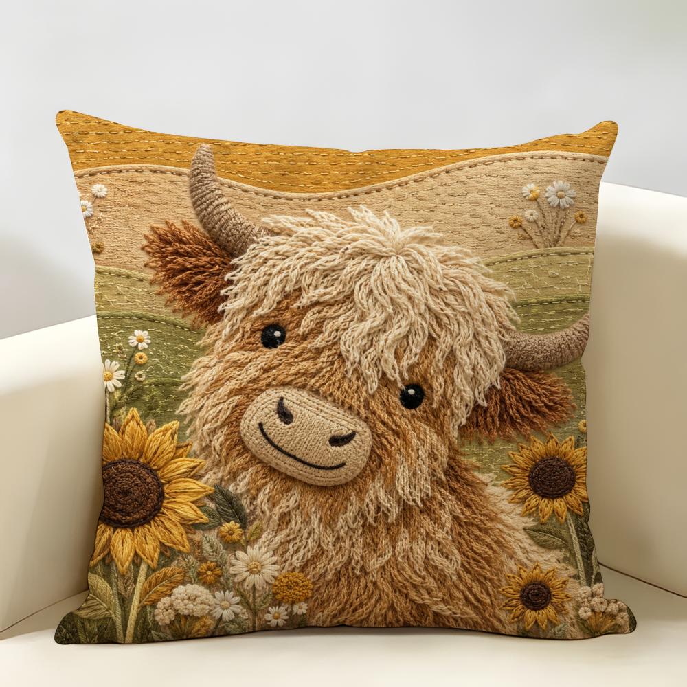 Cute Highland Cow Design Cushion Cover Durable Hypoallergenic Organic Linen Pillow Cover Short Size Washable SkinFriendly