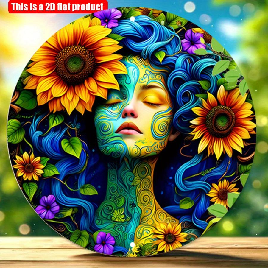 2D Flat 20*20cm1pc Earth Goddess Sunflower Mandala Pattern Round Girl Bedroom Environmental Decor, Color Printed Wood Panel Wall Hanging, Boho Style