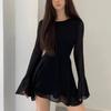 Черное платье с открытой спиной, женское элегантное мини-платье с открытой спиной и длинными рукавами на шнуровке в стиле пэчворк, сексуальное тонкое мини-платье с рюшами, вечерние