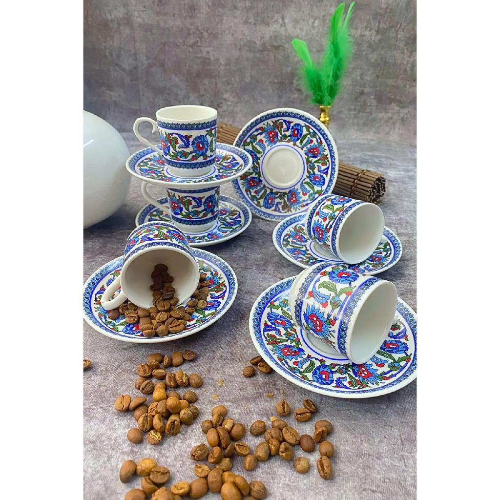 Porcelain Topkap Tile Patterned Turkish Coffee Cup Set For 6 Persons 12 Pieces