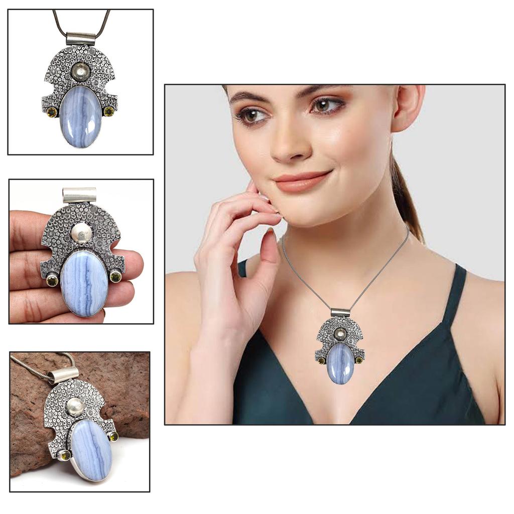 Серебряная подвеска на День матери с синим кружевным агатом и цитрином, 2,5 дюйма