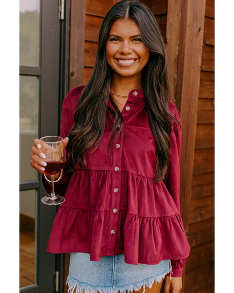 Azura Exchange Рубашка с круглым вырезом цвета бордового вельвета с оборками и пуговицами