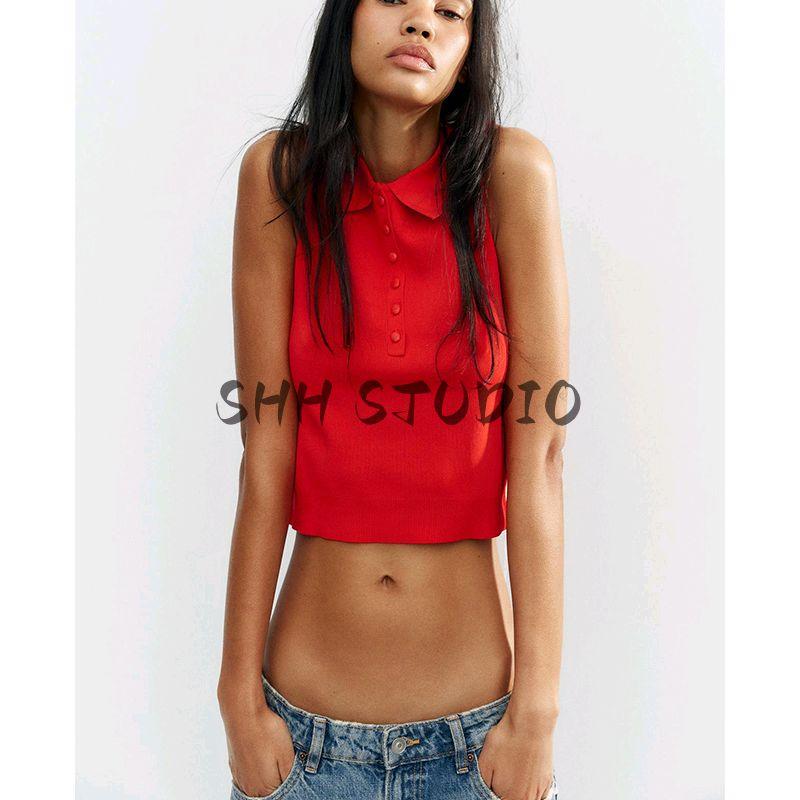 Spring and Summer New Women's Clothing Button Decoration Minimalist All-Matching Lapel Sleeveless Knitting Vest Short Top 9598026