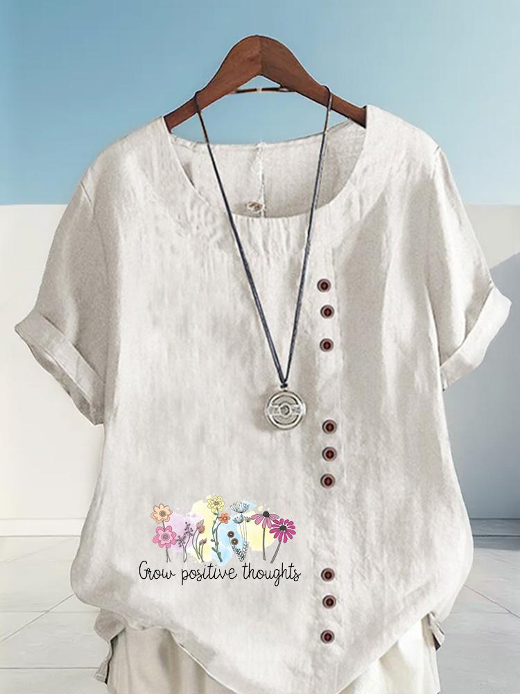 Women's Fashion Flower Black Letter Print Round Neck Short Sleeve T-shirt Casual Cotton Linen Graphic Shirt Leisure Loose Summer Blouse Tops