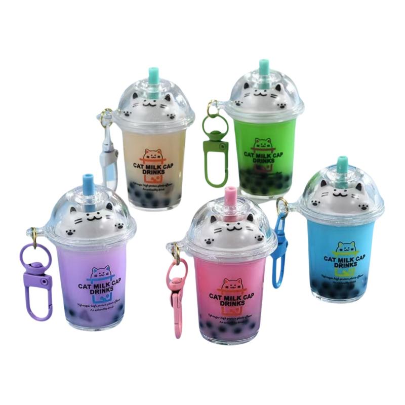 1/5Pcs Cat's Pearl Milk Tea Keychain Sand Bottles Car Key Chains Creative And Cute Milk Tea Cups Pendant Bag Decoration