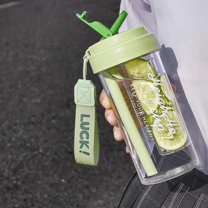 Бутылка для воды с трубочкой объемом 600 мл и фильтром для отделения чая, студенческая чашка для девочек, портативная пластиковая чашка большой емкости для лета