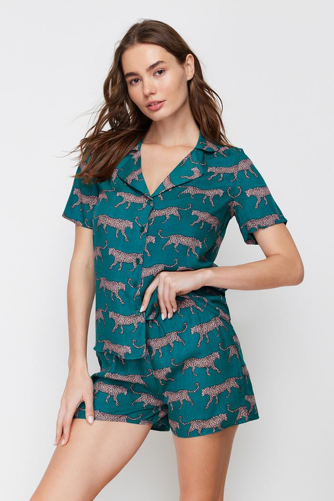 Women's Fashion New Pajama Set Emerald Green Patterned Viscose Shirt-Shorts Woven Pajama Set