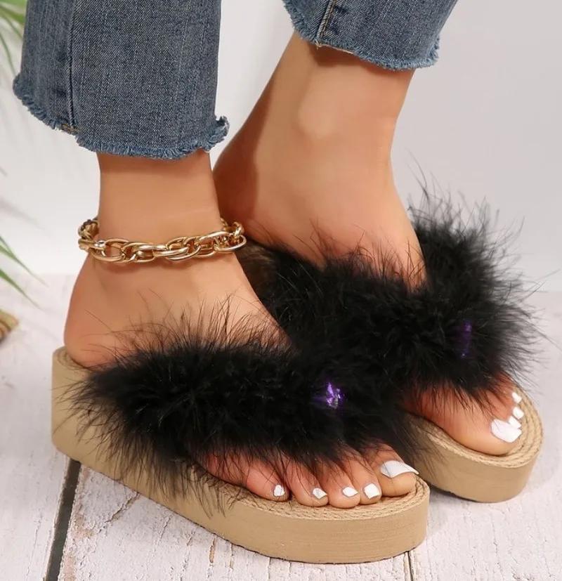 Модные весенне-летние женские тапочки, толстые женские теплые, размер 9, шлепанцы, домашние тапочки для женщин, пуховые тапочки для женщин 2024