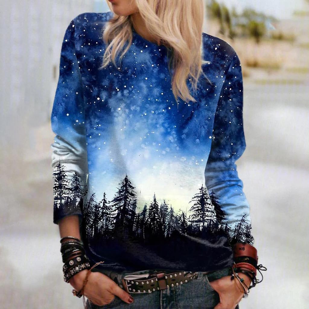 Women Autumn Tops Loose Cat Beautiful Forest Print Causal Long Sleeve T-shirt Top Blouse