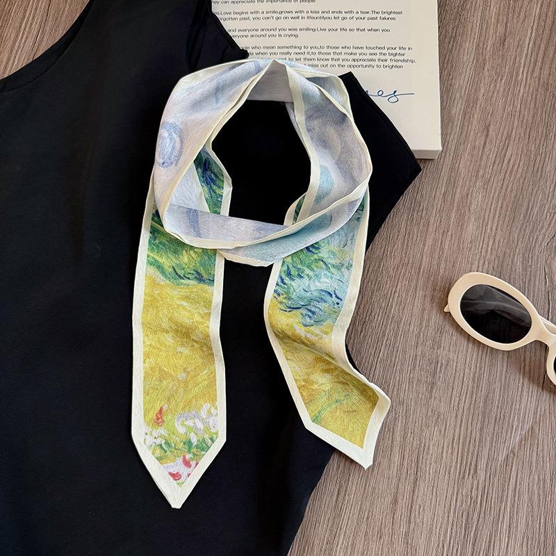 Silk Scarf Long Strip High Sense Spring and Summer Versatile Oil Painting Headscarf Headband Tied Bag Streamer Decorative Scarf Multi-purpose Belt