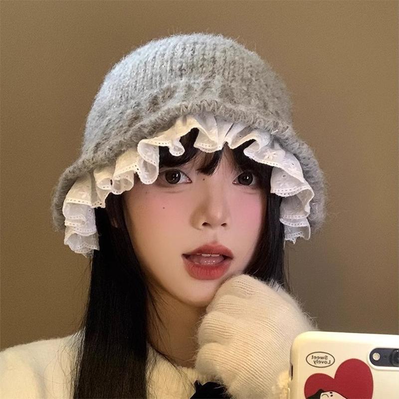 Lace Knitted Bucket Hat Women'S Autumn And Winter Street Sweet Versatile Outdoors Warm Casual Big Head Bob Cap