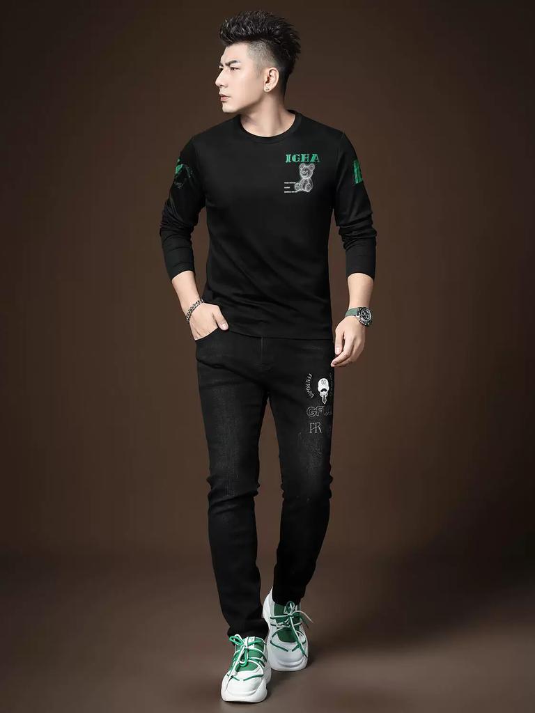 European Station 2025 New Trendy Brand Bear Print Long-Sleeve T-Shirt Men's Autumn Casual Round-Neck Base Shirt Tee