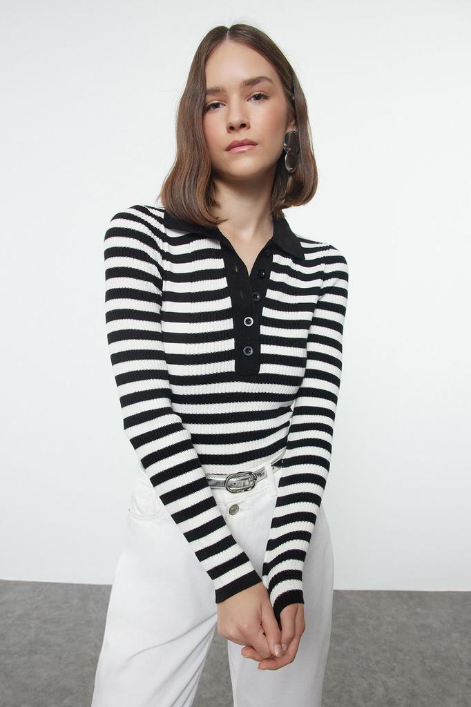 Женский модный стильный свитер, черный свитер с воротником поло, базовый полосатый трикотаж, свитер