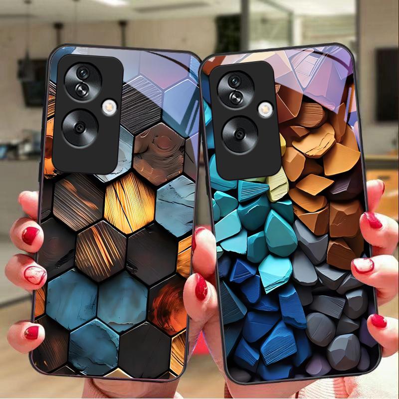 Цветная текстура дерева для Oppo A79 5G 58 78 74 60 4G Reno 11F Realme GT 6 11 Note 50 10 C55 X2 Закаленное стекло Черный чехол для телефона