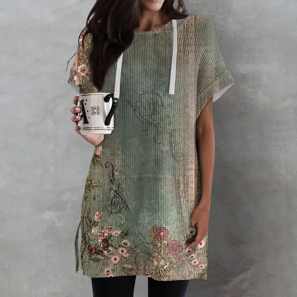 Женские свободные рубашки с принтом, толстовки с короткими рукавами и шнурком, вязаная туника с боковыми разрезами, топы с капюшоном и карманом