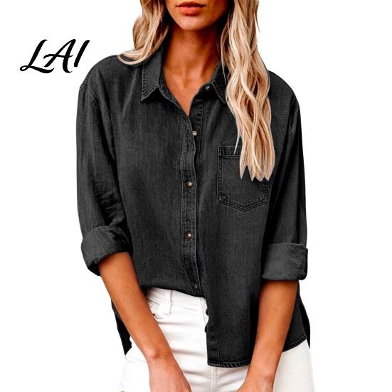 Long Sleeve Tops Women Denim Shirt Lapel Casual Coat Button Relaxed Fit Shirt Down Loose Tops Solid Color Autumn Coat Travel Clothing