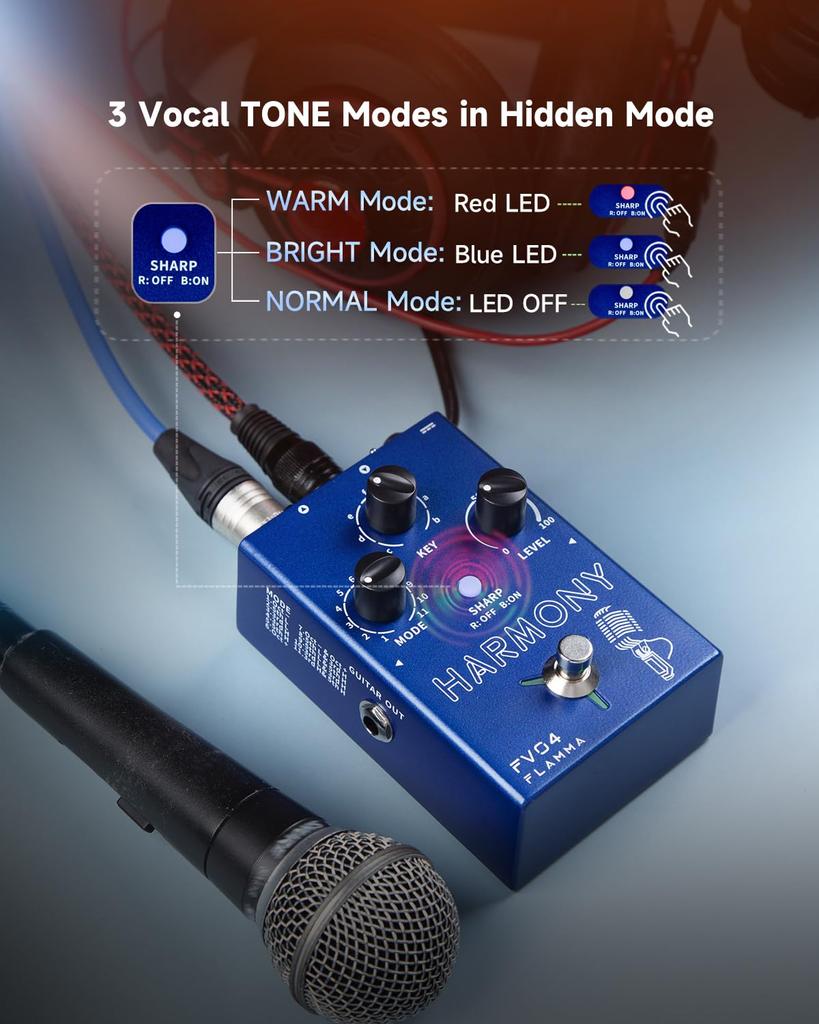 FLAMMA FV04 Гармонический вокальный процессор Педаль эффектов Реверберация 12 Высота 11 Различных режимов гармонии Фантомное питание 48 В Синяя педаль гармонии