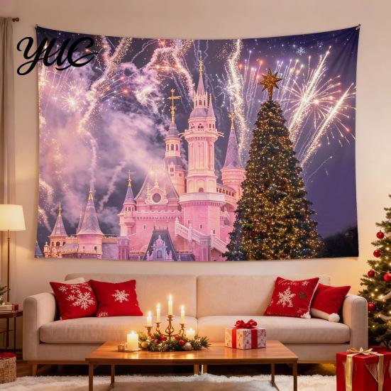 Wall Decor for Christmas Tapestry, Winter Snow Scene Backdrop, Xmas Tree Fireplace Backdrop Hanging Tapestry Bedroom Living Room Holiday Microfiber