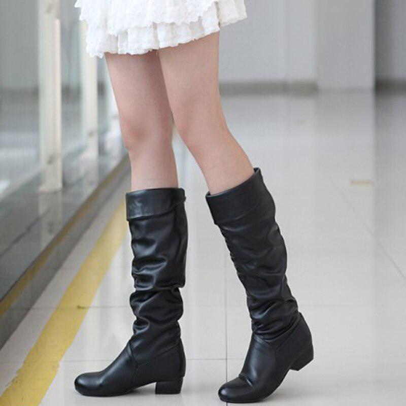 Осенне-зимние сапоги, повседневные высокие сапоги на низком каблуке, грубые ботинки с круглой головкой и женской обувью Knight Shoes.