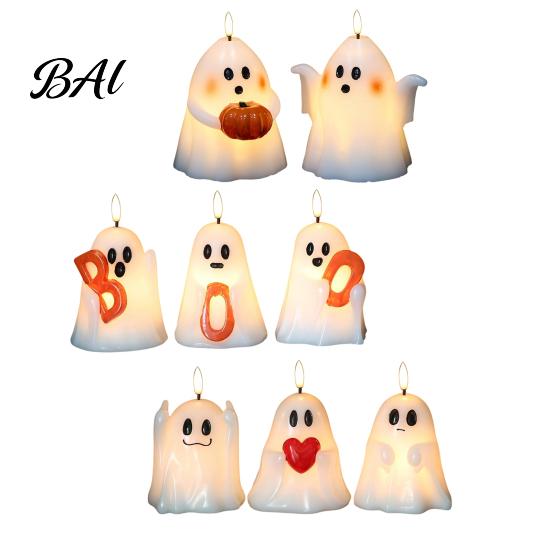Kid Friendly Halloween Gifts Ghost Flameless Candle, Cute Holding BOO Letter Tealight, Haunted House Party Supplies Battery Operated LED Flickering