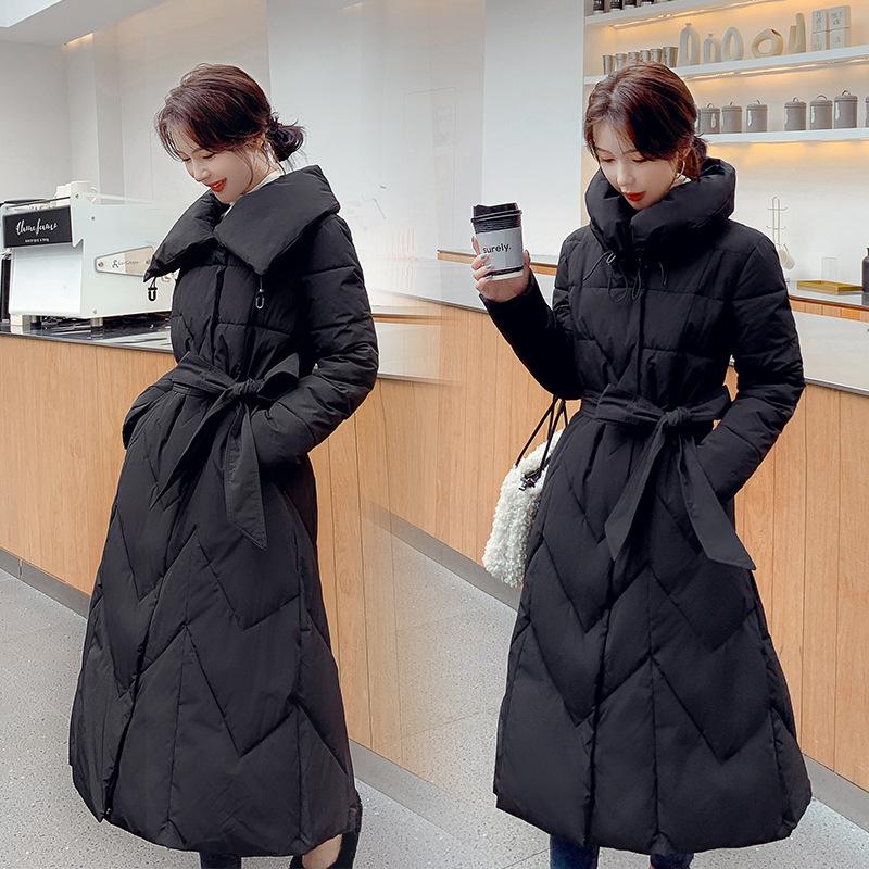 Large lapel cotton-padded clothes female slim and thin over the knee long winter new cotton-padded clothes thickened waist cotton-padded jacket