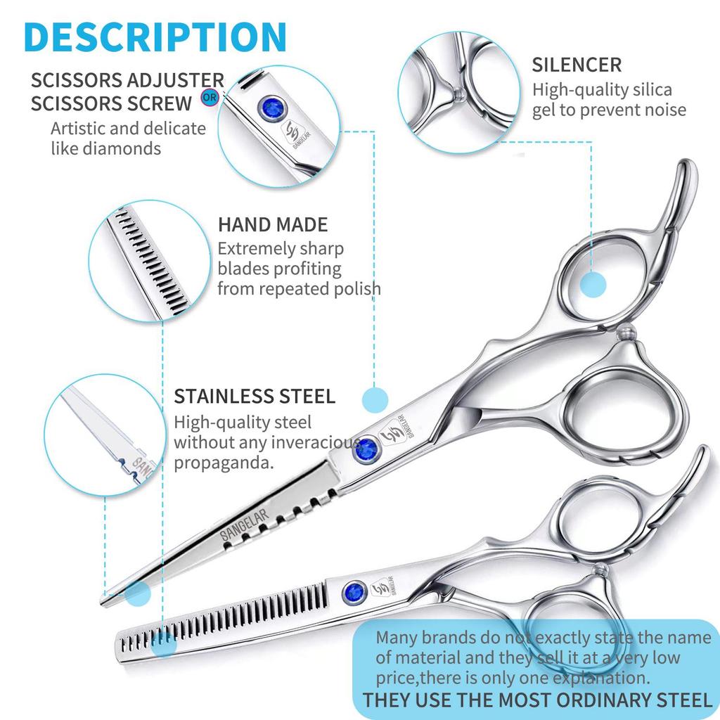 SANGELAR 6 Inch Hair Scissors With Sawtooth Sharp Professional Hairdressing Scissors Cutting Thinning Shear Barber Grooming Kit