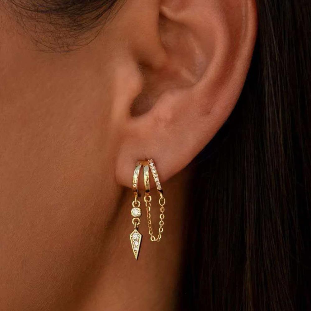 Sparkling CZ Triple Stud Earrings Hypoallergenic Stainless Steel Statement Chain Earring Micro-inlay Zircon Dainty Drop Earrings