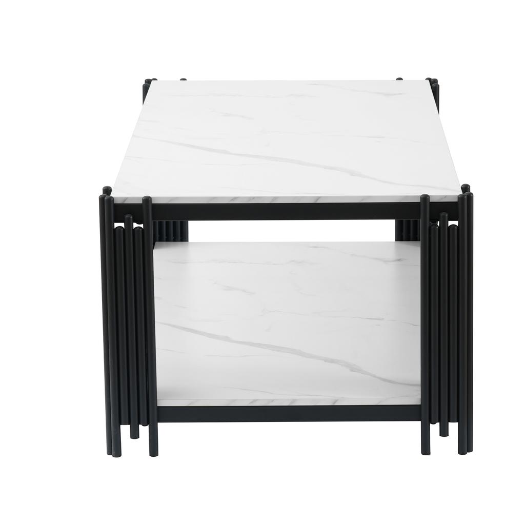 Rectangular Coffee Table with Metal Legs, Marbled Tabletop, Modern Living Room Furniture, White-Black – H46/B1140/T64 cm