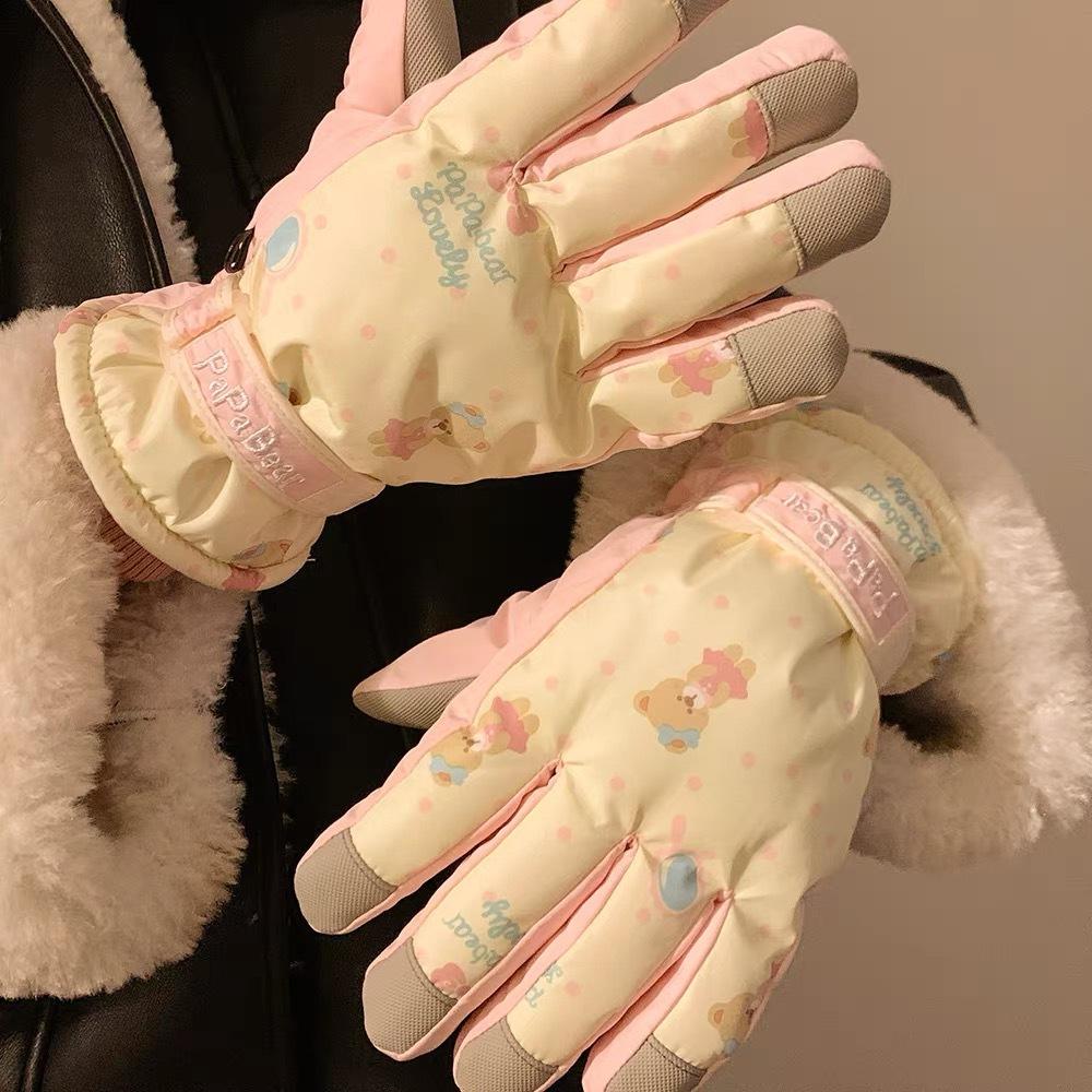 Cute Pink Bear Ski Gloves for Women Winter Touch Screen Plus Velvet Waterproof Warm Windproof Cycling Outdoor