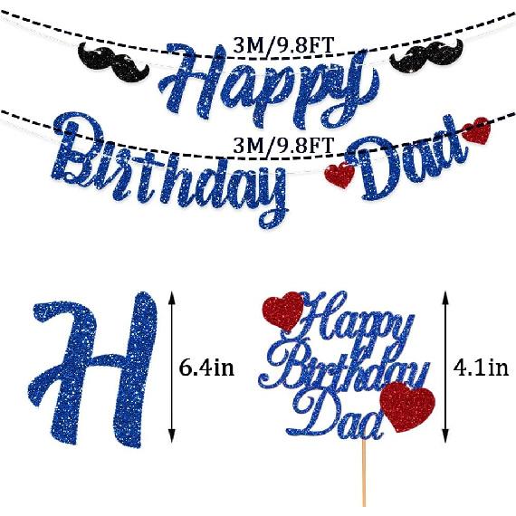 Pre-strung Happy Birthday Dad Decorations Banner Daddy Cake Topper Blue Glitter Father's Day Best Dad Ever Decor Party Supplies NO DIY