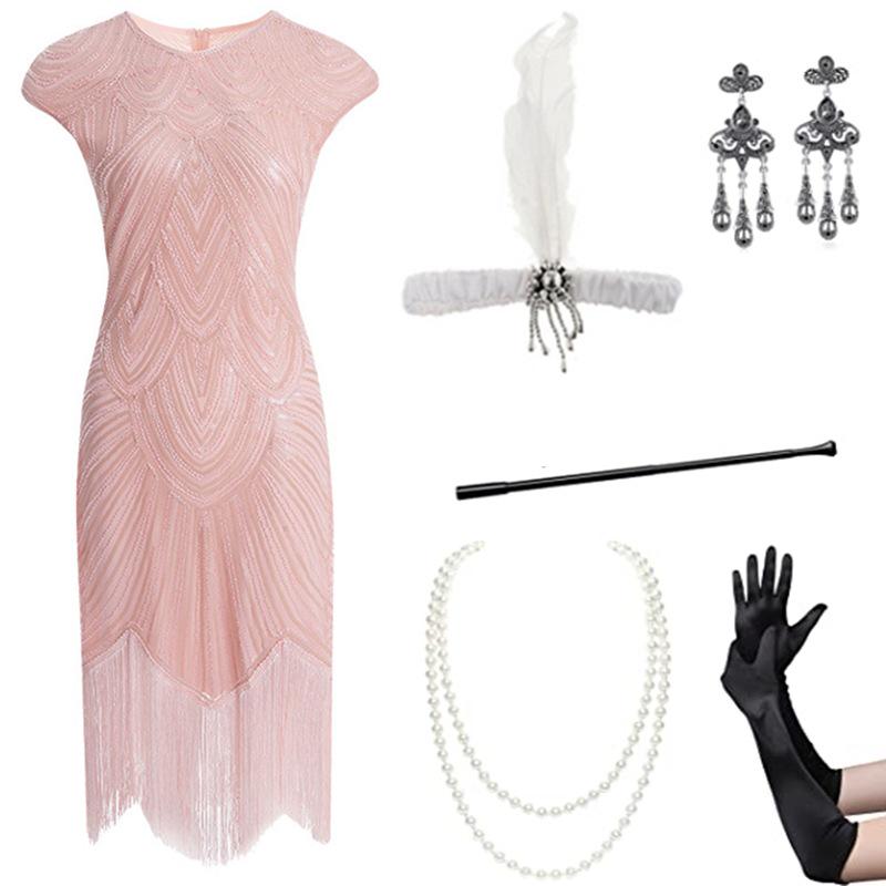 1920s Retro Sequin Flapper Dress with Tassels and Headdress Set