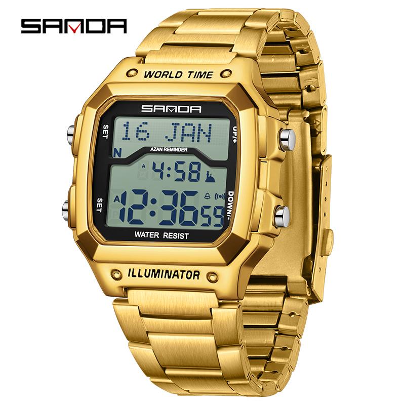 SANDA 2173 Цифровые наручные часы с мировым временем и функцией Азан, стальной ремешок, водонепроницаемые, многофункциональные, напоминание о времени молитвы