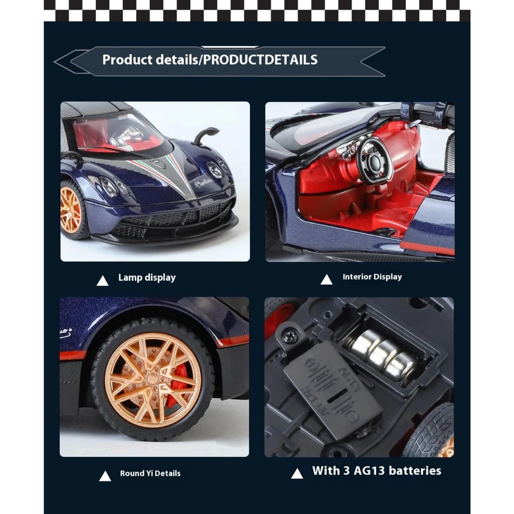 Масштаб 1/32 Суперкар Pagani Huayra BC Металлическая литая модель автомобиля Библиотека Статическая Звук и свет Украшения Подарок на день рождения для парня