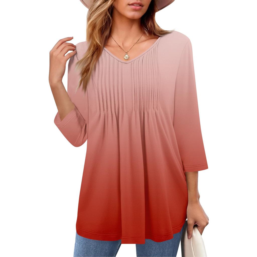 Женские топы с V-образным вырезом и рукавом три четверти в полоску, плиссированные, повседневные, летние, модные, рубашки
